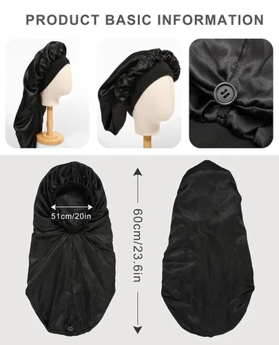 Vista 7 de AWAYTR Gorro largo de satén para mujer, gorro de seda de 2 capas para trenzas, gorro de dormir elástico con gorro de noche de banda ancha (negro)