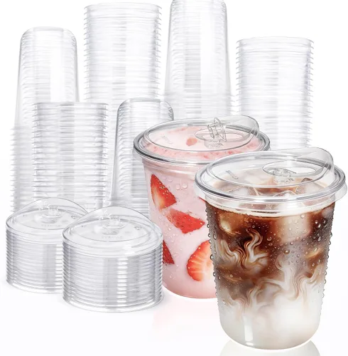 Vista 11 de Fit Meal Prep Paquete de 100 vasos de plástico transparente de fondo redondo de 12 onzas con tapas sin popote, tazas de café helado desechables