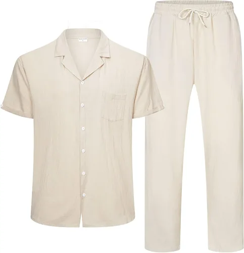 Vista 5 de RPOVIG Conjunto de camisa de lino y pantalones conjuntos de lino de 2 piezas para hombre, camisas de manga corta, pantalones de yoga, trajes
