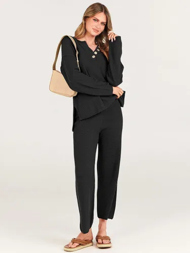 Vista 3 de ANRABESS Conjunto de 2 piezas para mujer, conjunto de suéter holgado holgado de punto de gran tamaño, conjunto de ropa de descanso a juego de moda