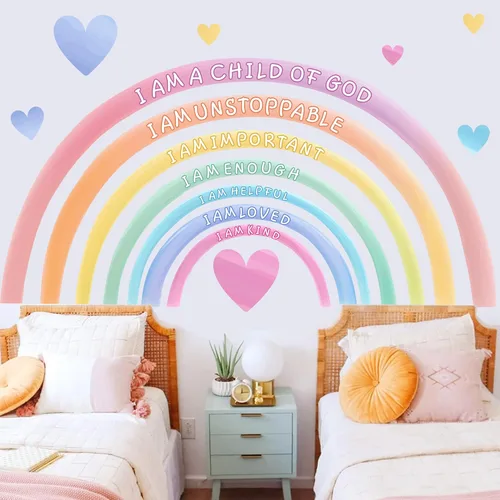 Vista 11 de Calcomanías de pared de acuarela arcoíris para despegar y pegar, eres calcomanías de paredes inspiradoras para guardería, decoración de pared