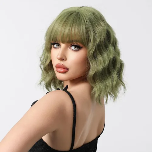 Vista 3 de BERON Pelucas cortas verdes para mujer, peluca rizada ondulada con flequillo para niñas, pelucas de cabello de color verde aguacate, peluca