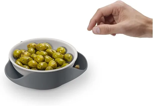 Vista 4 de Joseph Joseph Cuenco doble para servir pistacho y aperitivos con compartimento para desechos de alimentos, sin BPA, color gris