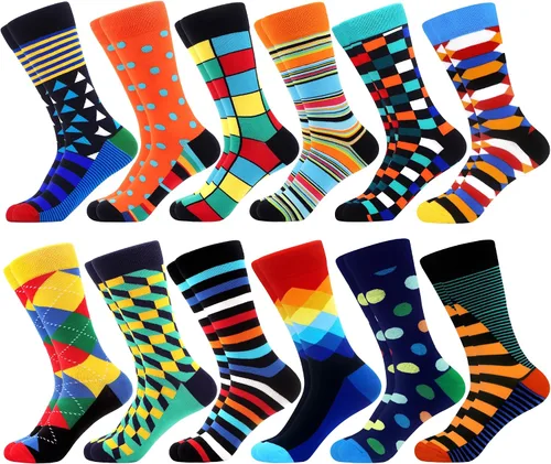 Vista 30 de WeciBor - 12 pares de calcetines de algodón peinado para hombre con diseños divertidos y locos, tamaño 7-10/10-13/13-15 Negro/Azul/Verde/Multicolor