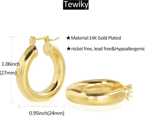 Vista 49 de Aretes de aro gruesos de oro para mujer, chapados en oro de 14 quilates, aretes de aro triple, hipoalergénicos, a la moda, aretes de aro gruesos