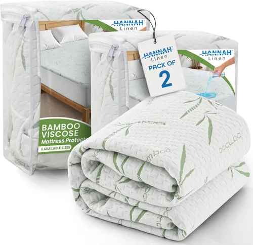 Vista 11 de Hannah Linen Protector de colchón de bambú, 100% impermeable, funda de colchón individual – Funda de colchón de bolsillo profundo ajustable de hasta