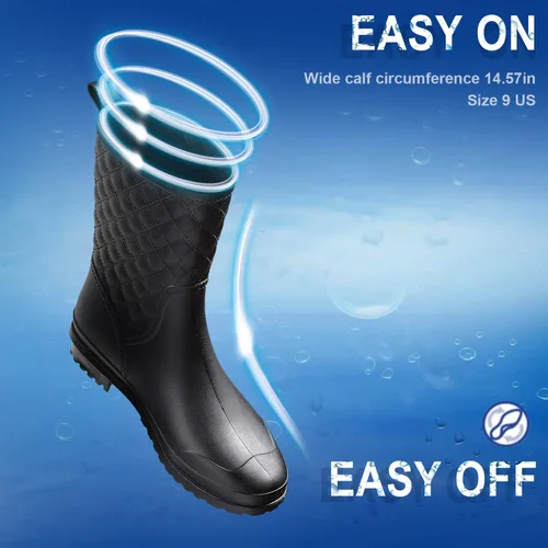 Vista 3 de Petrass Botas de lluvia para mujer, color negro impermeable a media pantorrilla, ligeras, lindo botines de moda para trabajar cómodos zapatos