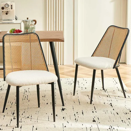 Vista 5 de NORDICANA Dining Table Set for 4, Kitchen Table and 4 Chairs, 5 Pieces Dinette Wood Table with Beige Boucle Chiars, Rattan Backrest
