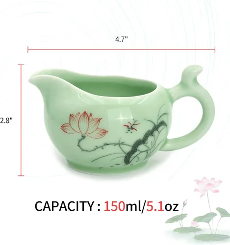 Vista 4 de DELIFUR Celadon Juego de té de porcelana hecho a mano con tema de loto, tetera de porcelana cubierta taza de té Gongdao taza de China