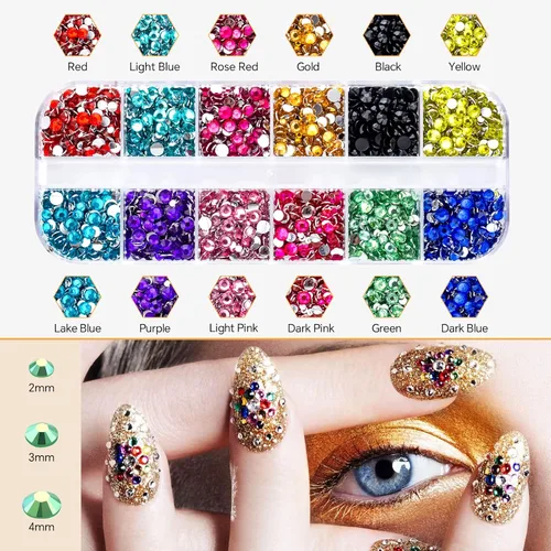 Vista 3 de 3 cajas de 6600 piezas de diamantes de imitación para arte de uñas, perlas semicirculares, gemas multicolor para uñas AB con parte trasera plana