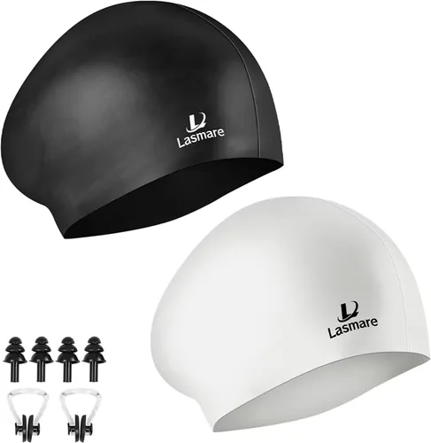 Vista 12 de Long Hair Swim Cap for Women 2 Pack, Silicone Swimming Caps for Unisex Adult Women Men with Ear Plugs & Nose Clip Set, Waterproof Adult Swim Hats