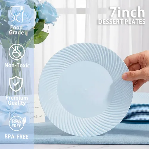 Vista 2 de I00000 - Platos de plástico azul de 7 pulgadas, 100 platos desechables de postre resistentes, platos de ensalada azules desechables, platos duros