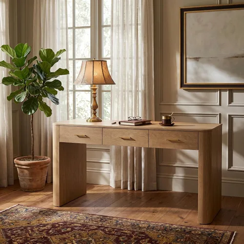 Vista 14 de LUMISOL Mesa consola geométrica tallada con 3 cajones, mesa de sofá de granja detrás del sofá con almacenamiento y detalles de patas acanaladas