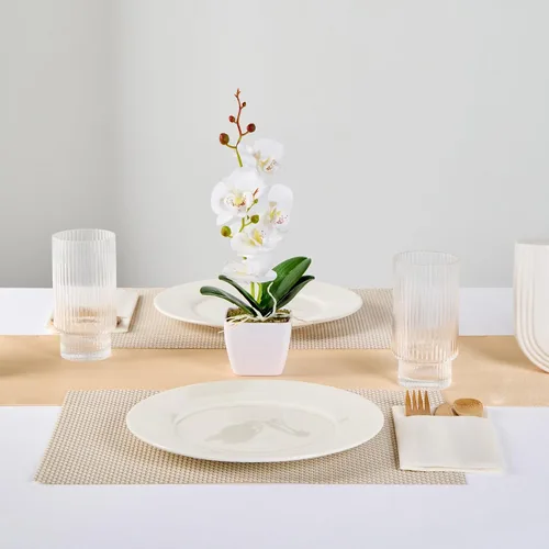 Vista 6 de Restaurantware - Orquídeas artificiales de 4 x 14 pulgadas, 12 orquídeas falsas en maceta, 5 flores, uso como centro de mesa, decoración del hogar u