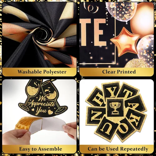 Vista 4 de Decoraciones de Fiesta We Appreciate You Negro Dorado Pancarta Thank You for All You Do Centros de Mesa de Panal Espirales Colgantes para Oficina