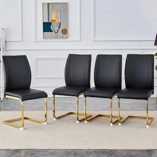 Vista 10 de Juego de 2 sillas de comedor modernas, sillas de cocina tapizadas de cuero, sillas de comedor sin brazos con respaldo alto y patas de metal dorado