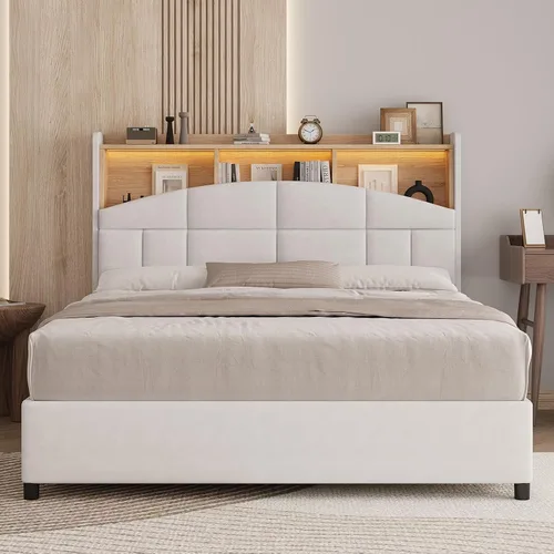 Vista 6 de REVOMINCA Marco de cama de tamaño completo con cabecero, marco de cama tapizado de terciopelo con luces LED, plataforma de tamaño completo