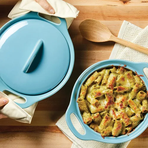 Vista 12 de Rachael Ray Solid Glaze Ceramics - Juego de utensilios para hornear/panadería con tapa compartida, 3 piezas, azul agave