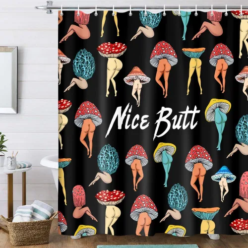 Vista 7 de Divertida cortina de ducha con trasero de hongo, divertida y sexy, de los años 70 y 80, cortinas de ducha de tela para baño, hippie, psicodélico