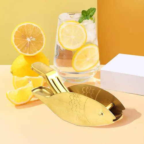 Vista 9 de Exprimidor de limón en forma de pescado, exprimidor manual de limón de acero inoxidable, cítricos de lima portátil, jugo de prensa manual resistente