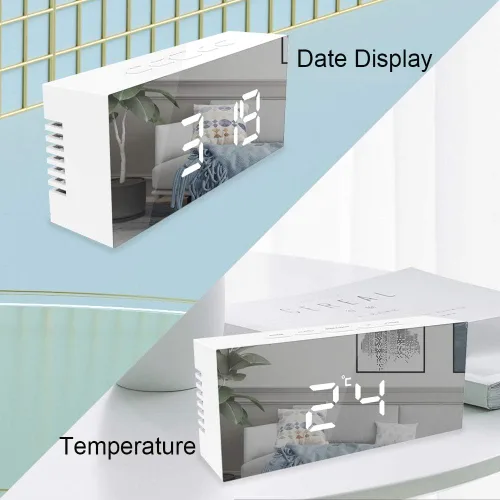 Vista 4 de Reloj despertador digital, pantalla LED grande con espejo con función de repetición, brillo ajustable, adecuado para el hogar, dormitorio, sala