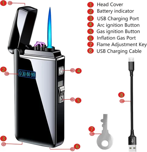 Vista 5 de Encendedor electrónico de llama de chorro 2 en 1, recargable de butano eléctrico USB, recargable por USB, de alta calidad a prueba de viento