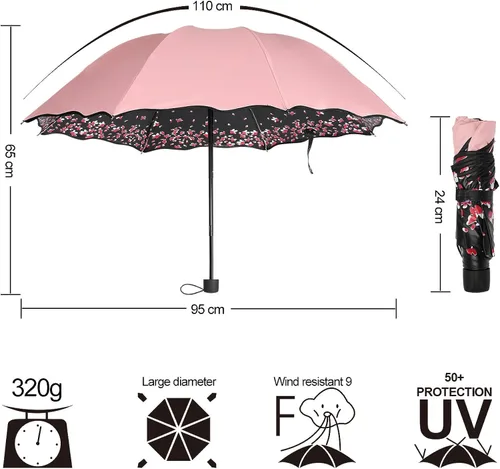 Vista 2 de Sakura - Sombrilla plegable resistente al viento anti lluviasol flor de cerezo