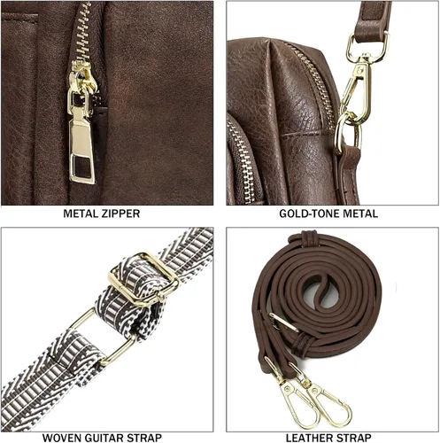 Vista 7 de Bolsos cruzados pequeños para mujer, bolsos cruzados de viaje de cuero vegano, bolsos de hombro con correa de guitarra y correa de cuero