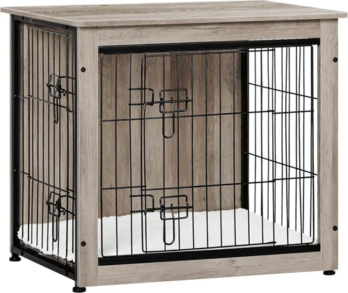 Vista 34 de DWANTON - Perrera con cojín, de madera, con puertas dobles, para interiores, S, M, L, 27.2 pulgadas de largo, negro