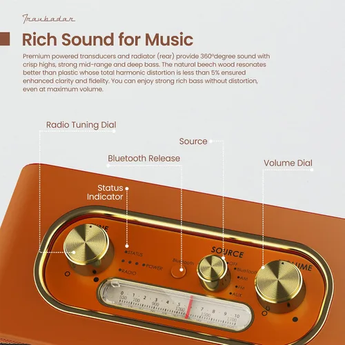 Vista 4 de Altavoz Bluetooth vintage con radio AM/FM, naranja Retro Wireless Speaker, 10H Playtime, Charge-While-Play, Aux/Antenna, Interchangeable Panel
