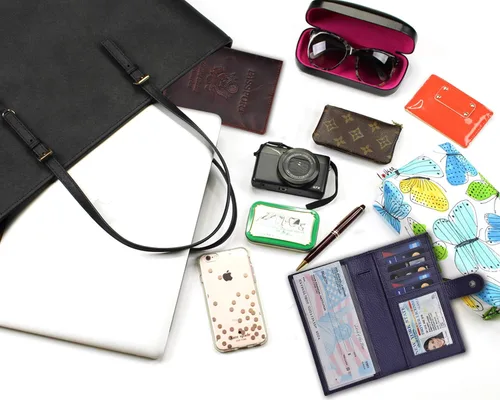 Vista 4 de Carteras de cuero con RFID y bolsillo de chequera para mujer, soporte duplicado de cheques tarjetas y bolígrafos
