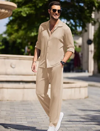 Vista 4 de COOFANDY Conjunto de 2 piezas para hombre, de manga larga, casual, con botones, camisa y pantalones, Camello