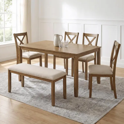 Vista 15 de Juego de mesa de comedor de 6 piezas con banco y 4 sillas Negro Beige-1