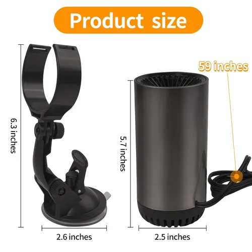 Vista 5 de Calentador de automóvil, descongelador portátil de 12 V 150 W, ventilador de calefacción o enfriamiento rápido 2 en 1, enchufe al encendedor