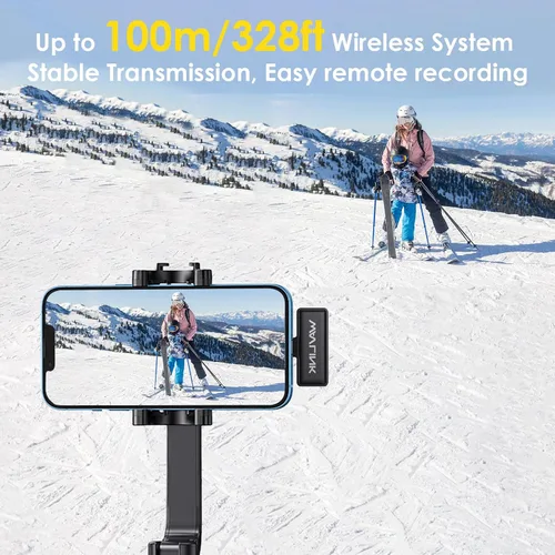 Vista 6 de WAVLINK Micrófono Lavalier inalámbrico para iPhone Vlog, sistema de micrófono dual con solapa con clip y entrada Lightning y 42 horas, micrófono