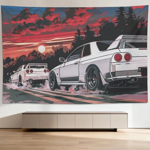 Vista 20 de QEOPGNE Tapiz de pared grande Jdm Anime Sunset Japanese Car S13, tapiz de pared para dormitorio, sala de estar, decoración estética, tapices de 30 x