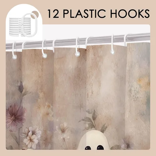 Vista 3 de Mocsicka Cortina de ducha de Halloween, diseño de gato fantasma, cortina de ducha para baño, academia oscura, bañera, juego de decoración de baño