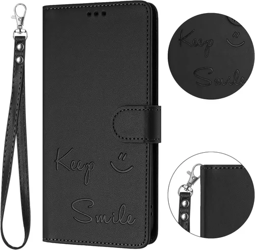 Vista 5 de Flip Wallet Case for Motorola Moto E32 4G (Int'l), Keep Smile Embossed Leather Cover with Card Slots, RFID Blocking, Kickstand, Wrist Strap Black.