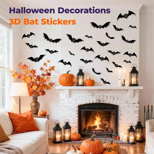 Vista 8 de encavy 68 piezas de decoración de pared de murciélagos, decoraciones de Halloween, calcomanías de murciélago 3D, decoración de Halloween, decoración