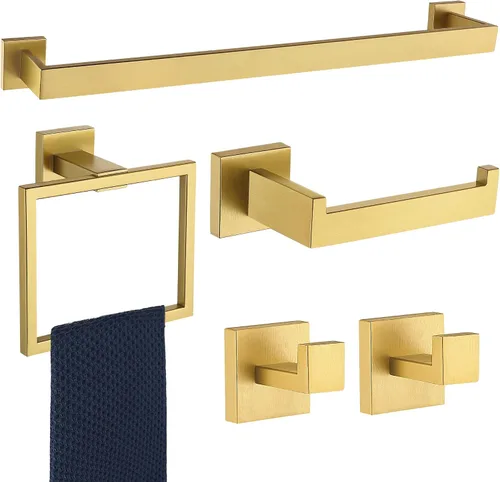 Vista 24 de Juego de 5 piezas de accesorios de ferretería para baño en negro mate, juego de toalleros cuadrados de 16 pulgadas para baño, juego de barras