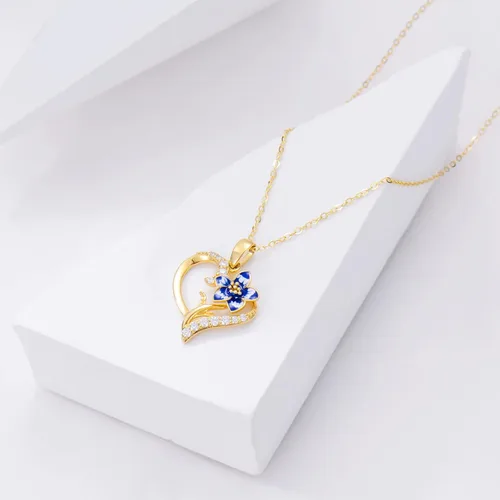 Vista 4 de Collar de flor de nacimiento de oro real de 14 quilates para mujer, oro amarillo creado moissanita con colgante de corazón, collares