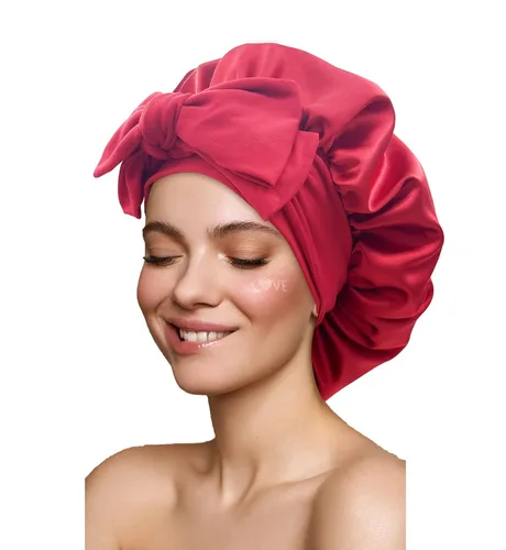 Vista 15 de Gorro de satén de seda para dormir con banda de amarre y tiras ajustables, para mujeres con cabello rizado y trenzado, color negro, tamaño grande