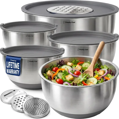 Vista 10 de Priority Chef Juego de tazones para mezclar de acero inoxidable con tapas, 3 accesorios para rallar, tapas herméticas, base de silicona