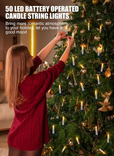 Vista 5 de Luces de cadena de velas para árbol de Navidad enchufables, 50 luces LED de velas sin llama con clips, luces parpadeantes de velas de 48 pies