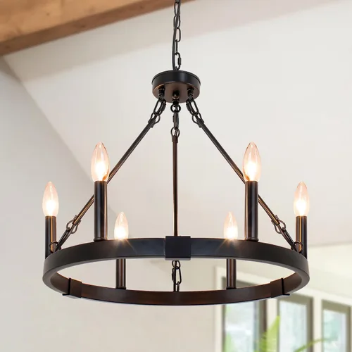 Vista 30 de Lámpara de araña de madera de granja de 19.49 pulgadas, lámpara rústica de comedor de 4 luces, lámpara de araña de altura ajustable, iluminación