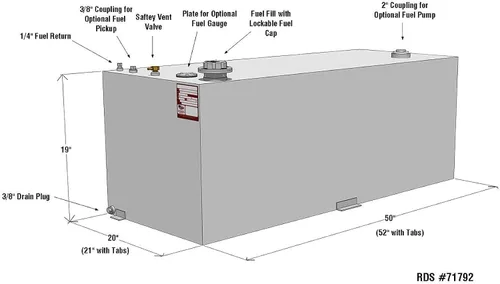 Vista 2 de RDS MFG INC 71792 Tanque de combustible de transferencia rectangular - Capacidad de 80 galones, 50 pulgadas de largo x 20 pulgadas de ancho x 19