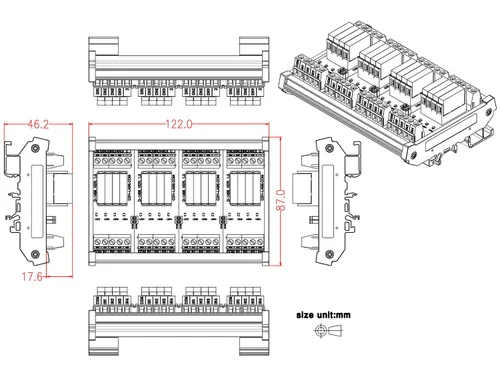 Vista 5 de Montaje en carril DIN AC/DC 5V 12V 24V SPST-NO 5Amp módulo de relé de potencia (CA/CC 5V, 16 canales)