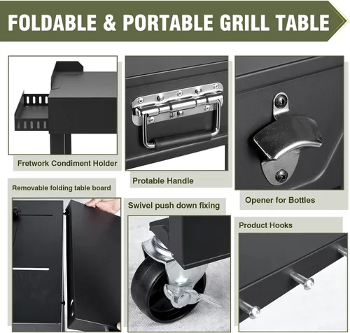 Vista 6 de Bestfire Mesa de Parrilla al Aire Libre Robusta con Ruedas - Carro de Cocina Móvil para Acampar para Planchas, Parrillas y Cocinas al Aire Libre