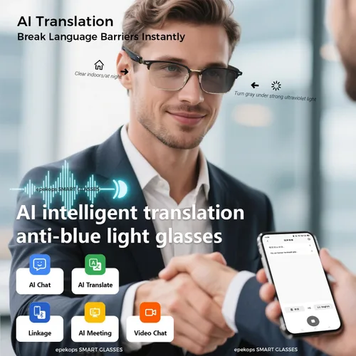 Vista 5 de Lentes inteligentes AI de audio Bluetooth con lentes fotocromáticos, traducción, música, llamadas, asistente de voz, altavoces estéreo de oreja