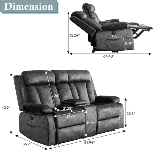 Vista 2 de GUEAPY Sofá reclinable de dos plazas - Sofá reclinable de dos plazas con consola, sofá reclinable doble con calor y masaje, sofá reclinable Gris